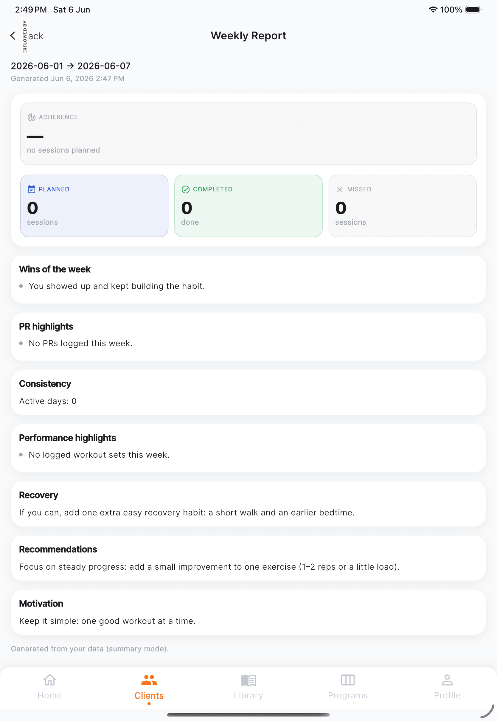 Weekly AI report detail in the Worrkout mobile trainer app