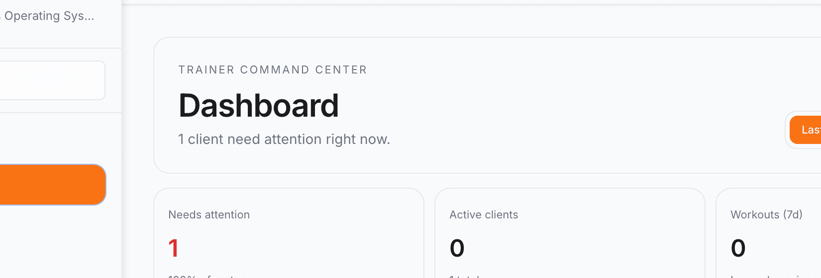 Trainer dashboard with KPI overview and coaching actions in Worrkout web