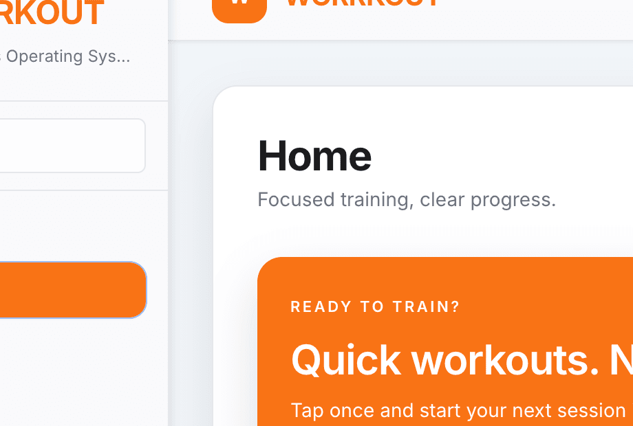Client home feed with quick workout and activity overview in Worrkout web
