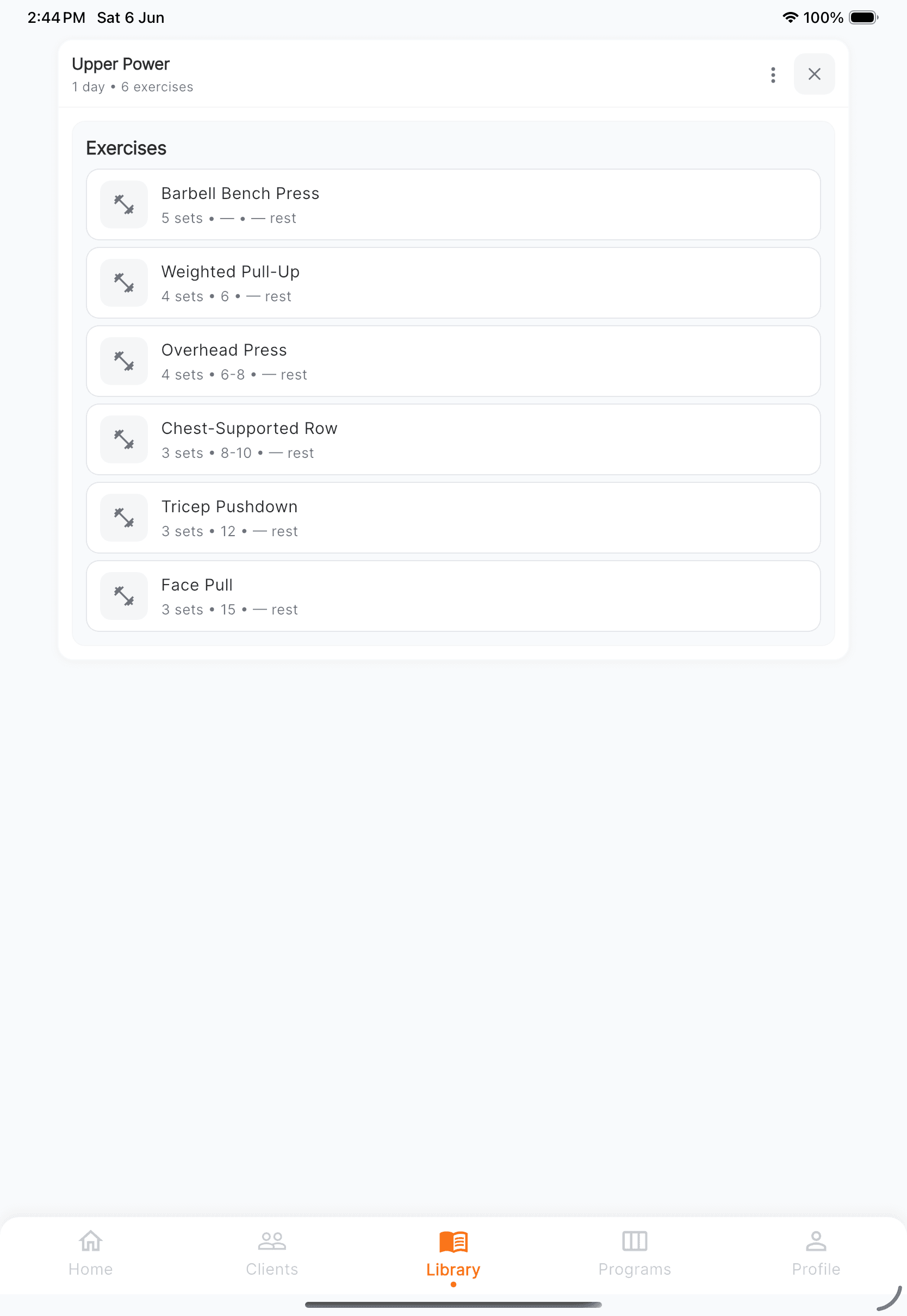 Workout library detail in the Worrkout mobile trainer app